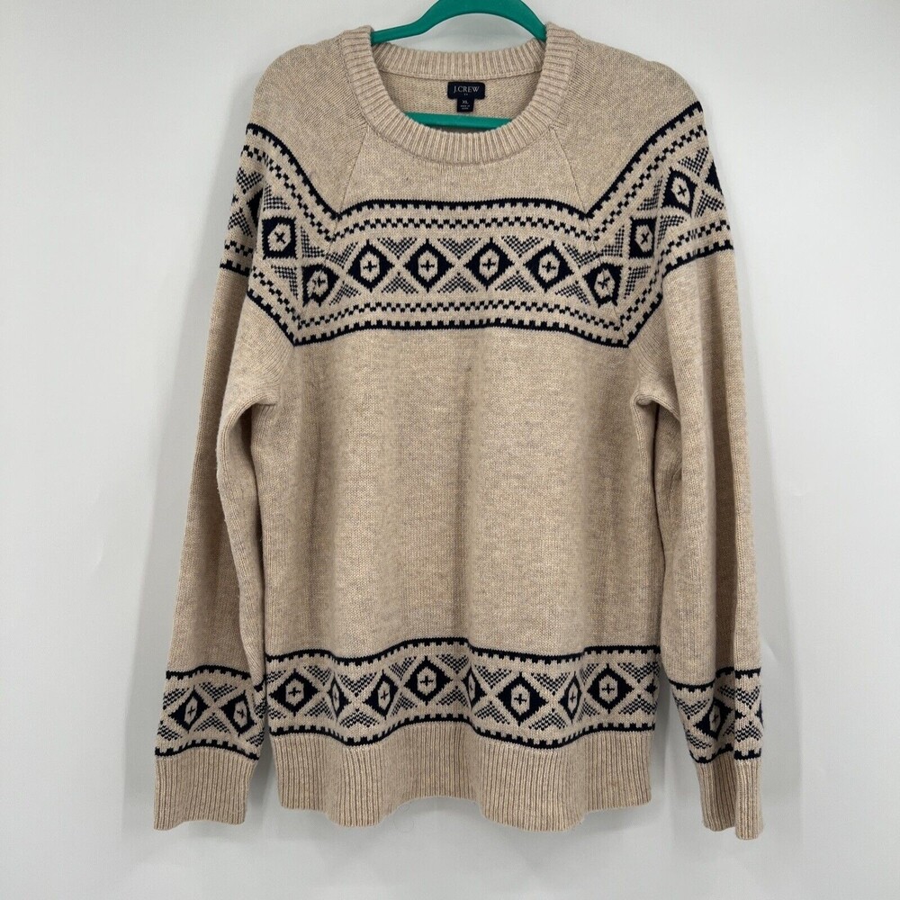 J.Crew Womens Beige Fair Isle Wool Blend Crew Neck Knit Pullover Sweater XL